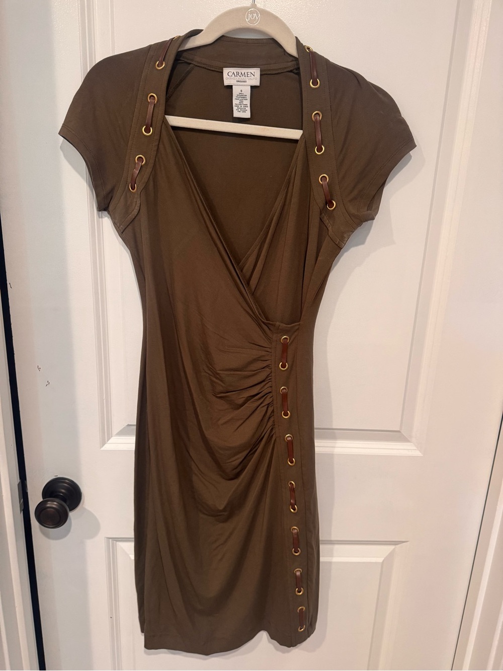 Carmen Marc Valvo Olive Wrap-Style Midi Dress with Grommet Detailing